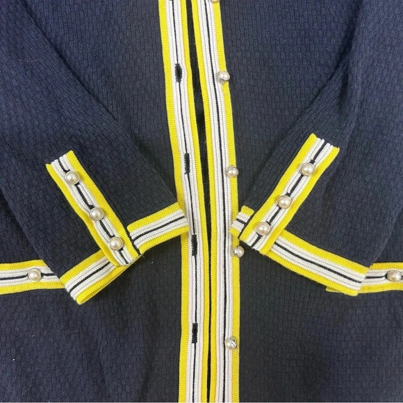 Talbots Navy & Yellow Textured Tipped Cardigan Sweater with Faux Pearl Buttons - Picture 5 of 8